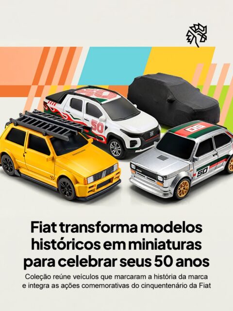 Cinquenta anos depois de iniciar sua trajetória no Brasil, a Fiat decidiu celebrar sua história também com os fãs e colecionadores. A marca apresentou uma coleção oficial de miniaturas inspirada em alguns de seus modelos mais emblemáticos, como o Fiat 147, o Uno e a Strada, todos com identidade visual especial dos 50 anos.
A novidade faz parte do calendário comemorativo da montadora, que inclui lançamentos especiais, eventos, produtos licenciados e outras ativações criadas para marcar o cinquentenário da operação brasileira.
As miniaturas passam a integrar a linha oficial da Fiatwear e reforçam o apelo nostálgico da campanha, conectando diferentes gerações de apaixonados pela marca.