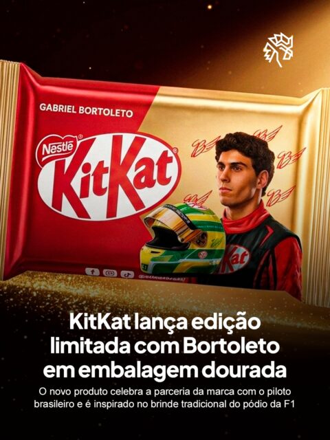 A maioria das marcas só investe pesado em um atleta depois que ele já tem título e reconhecimento consolidado no currículo. A Nestlé decide antecipar essa aposta e amplia sua parceria com um piloto que ainda constrói a trajetória na F1 e com ascensão promissora nas pistas.
O novo sabor de morango chega em edição limitada com embalagem toda dourada, estampando Bortoleto ao lado do capacete verde e amarelo. O wafer é recheado com cobertura sabor morango e espumante, referência direta ao brinde que os pilotos fazem no pódio ao final de cada corrida.