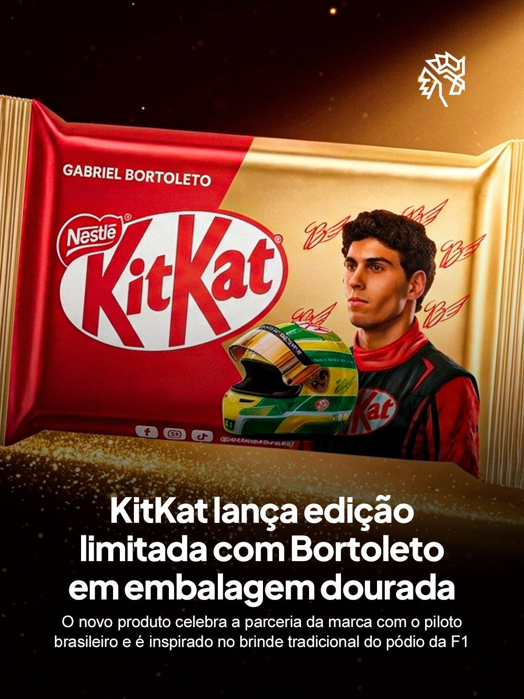 A maioria das marcas só investe pesado em um atleta depois que ele já tem título e reconhecimento consolidado no currículo. A Nestlé decide antecipar essa aposta e amplia sua parceria com um piloto que ainda constrói a trajetória na F1 e com ascensão promissora nas pistas.
O novo sabor de morango chega em edição limitada com embalagem toda dourada, estampando Bortoleto ao lado do capacete verde e amarelo. O wafer é recheado com cobertura sabor morango e espumante, referência direta ao brinde que os pilotos fazem no pódio ao final de cada corrida.
