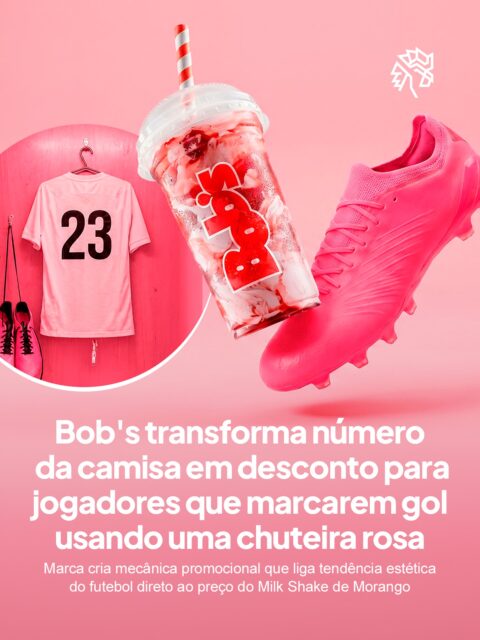 A chuteira rosa virou um detalhe que chama atenção própria na Copa do Mundo, e o Bob’s enxergou ali uma ponte direta com a cor do seu Milk Shake de Morango.
A mecânica é simples direta: o atleta que balançar a rede calçando o modelo rosa converte o número da própria camisa em percentual de desconto no shake. Camisa 7 garante 7%, camisa 10 garante 10%, válido até 20 de julho.
O resultado é uma promoção que se atualiza sozinha a cada rodada, sem depender de cupom fixo ou data marcada. O próprio calendário do futebol vira gatilho de oferta.