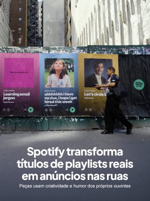 Nomear uma playlist virou forma de expressão pessoal para quem usa a plataforma, um hábito comum entre diferentes perfis de ouvintes. Frases soltas, referências locais e piadas internas acabam funcionando como pequenos recados dentro do próprio app. O Spotify decidiu transportar esse gesto íntimo para o espaço público.

A campanha "Playlist It", assinada pela Uncommon New York, reproduz nomes reais de playlists em outdoors e cartazes espalhados por Nova York, Miami e Los Angeles. Cada peça é adaptada ao contexto local, com referências a rodovias, bairros e situações do cotidiano de cada cidade.

A ação integra uma iniciativa internacional de branding da marca, ampliando a presença da plataforma para além do digital. O resultado transforma a curadoria pessoal dos usuários em linguagem urbana coletiva.