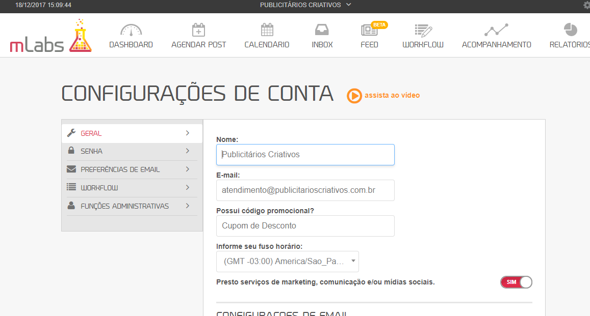 configurações de contas na mlabs