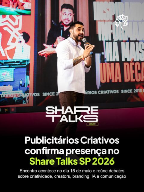 O Share Talks 2026 acontece no dia 16 de maio, em São Paulo, reunindo profissionais do mercado para discutir os principais movimentos que estão transformando comunicação, marketing, criatividade e tecnologia. O evento aposta em palestras, painéis, networking e debates sobre branding, creators, IA e comportamento.
Entre os destaques da programação está o painel “Perspectivas do Futuro na Criação de Conteúdo”, mediado por @fillipeluis, dos @publicitarioscriativos. O encontro também reúne Fred Luz, diretor da O2 Filmes, e Nathalia Evely, especialista em cultura digital, social insights e comportamento do consumidor.
O evento também contará com nomes ligados à CazéTV, LiveMode, FutureBrand e Droga5. Mais informações sobre o encontro você encontra no perfil da @tudodeshare.