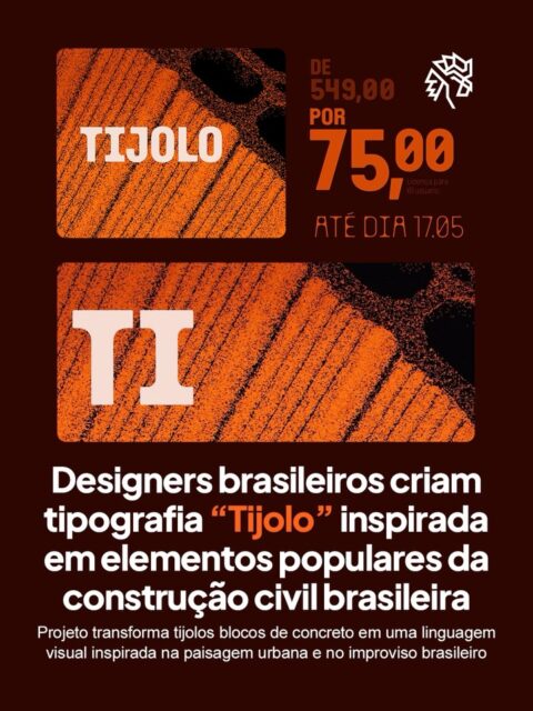 A tipografia “Tijolo” surgiu a partir de elementos bastante presentes nas ruas e construções brasileiras, transformando materiais populares da construção civil em uma identidade visual cheia de personalidade e referências urbanas.
Com formas blocadas, cantos arredondados e proporções estreitas, o projeto busca representar criatividade, adaptação e o chamado “jeitinho brasileiro” presente na paisagem das cidades, criando diferentes interpretações dentro da mesma família tipográfica.
O projeto também ganhou versões em motion design para ampliar sua identidade visual nas redes. A criação é assinada pelos designers Jean Rosa e Pedro Faria, do Buta Estudio, com motion de Leandro Santana.
