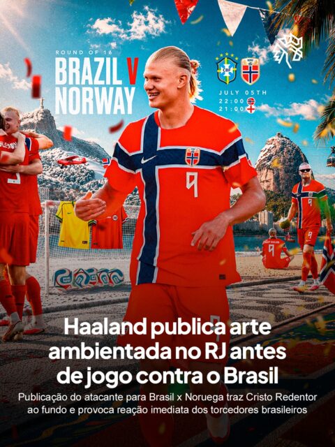 Duelos de Copa do Mundo têm ganhado camada extra de disputa nas redes sociais, onde jogadores brincam com a cultura do adversário antes de entrar em campo. Antes de enfrentar o Brasil nas oitavas, Erling Haaland decidiu entrar nesse jogo.
Na arte publicada pelo norueguês, o Cristo Redentor aparece ao fundo enquanto ele toma água de coco no calçadão de Copacabana e medita na areia, vestindo a toalha da própria seleção. O post rapidamente lotou os comentários de torcedores brasileiros.
Entre provocações bem-humoradas, a torcida tratou a brincadeira como parte do clima de rivalidade saudável que antecede o confronto direto.