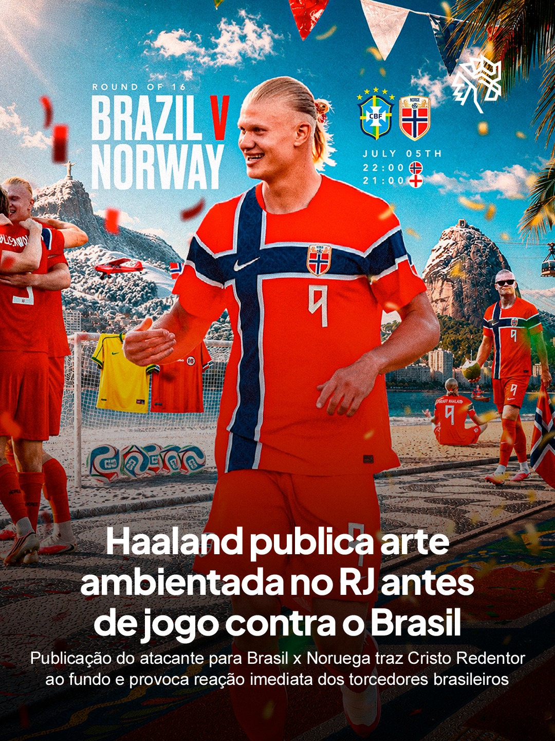 Duelos de Copa do Mundo têm ganhado camada extra de disputa nas redes sociais, onde jogadores brincam com a cultura do adversário antes de entrar em campo. Antes de enfrentar o Brasil nas oitavas, Erling Haaland decidiu entrar nesse jogo.
Na arte publicada pelo norueguês, o Cristo Redentor aparece ao fundo enquanto ele toma água de coco no calçadão de Copacabana e medita na areia, vestindo a toalha da própria seleção. O post rapidamente lotou os comentários de torcedores brasileiros.
Entre provocações bem-humoradas, a torcida tratou a brincadeira como parte do clima de rivalidade saudável que antecede o confronto direto.