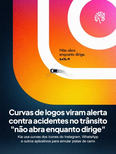 O aumento nos índices de acidentes de trânsito ao redor do mundo motivou a Kia a alertar sobre o uso do celular ao volante, escolhendo um caminho criativo em vez de recorrer a imagens de impacto.
A peça pegou os logotipos de Instagram, WhatsApp, Facebook, Spotify, X e TikTok e transformou as curvas de cada ícone em uma pequena estrada, com um carro percorrendo o traçado formado pelas linhas, sempre com o mesmo aviso.
A iniciativa mostra como transformar um problema real de segurança em uma peça criativa e de fácil leitura para o público.
