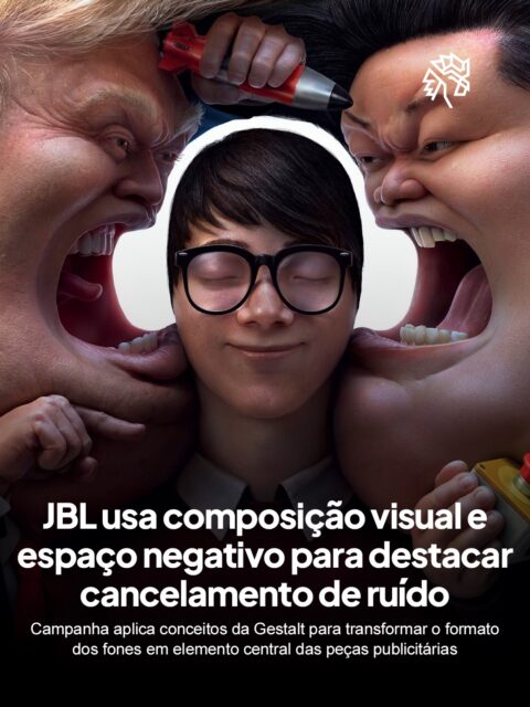 A JBL decidiu usar técnicas de composição visual na campanha “Block Out The Chaos”, utilizando espaço negativo e princípios da Gestalt para fazer o próprio headset surgir no centro das peças sem precisar destacar o produto de forma tradicional.

A construção visual aplica conceitos que conduzem o olhar do público naturalmente até o formato do fone, criando uma leitura rápida e inteligente enquanto personagens e elementos ao redor ajudam a representar o excesso de ruído e distrações externas.

Mesmo após 10 anos de sua veiculação original, lançada em 2016, a campanha continua sendo lembrada e estudada no mercado publicitário pela forma criativa e extremamente inteligente como utilizou recursos visuais para transformar percepção em comunicação.