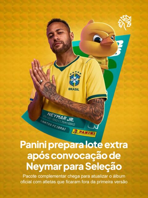 A convocação oficial da Seleção Brasileira para a Copa do Mundo de 2026 também trouxe impactos para fora dos gramados. Com a lista final definida, a Panini precisou ajustar parte do álbum oficial lançado anteriormente.
Para resolver a diferença entre o material já produzido e os nomes confirmados, a marca anunciou um lote extra de figurinhas. Neymar aparece entre os atletas incluídos na atualização ao lado de outros jogadores chamados posteriormente.
A situação aconteceu porque a produção do álbum foi iniciada antes da definição final dos convocados. O movimento mostra como mudanças no futebol podem alterar até detalhes que já estavam prontos para chegar ao público.
Fonte/Reprodução: @mktesportivo