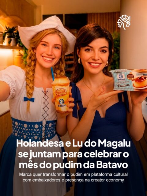 Poucas sobremesas carregam tanto peso afetivo quanto o pudim, e a Batavo decidiu transformar esse patrimônio emocional em estratégia de comunicação. A marca lança o movimento PudimLovers com uma operação de co-branding inédita com a Lu, do Magalu em uma ação estruturada pela agência Talent.
A narrativa começa nas redes sociais com interações entre as duas marcas e culmina num intercâmbio físico: a Lu visita a fábrica da Batavo em Carambeí, no Paraná, enquanto a Holandesa vai à Casa Magalu preparar um milk shake exclusivo de pudim, comercializado nas lojas da We Coffee. A Batavo assina ainda quatro sobremesas temáticas disponíveis nas unidades da rede.
Para sustentar o movimento além do pico inicial, a marca escalou um squad de embaixadores com nomes como Felipe Eats e Drika Marinho, apostando num modelo de desafio criativo no TikTok e no Instagram em vez do publipost tradicional.
