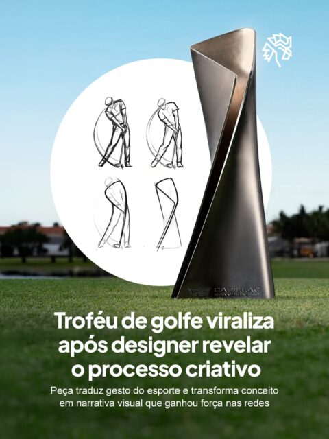 O campeonato de golfe Cadillac Championship 2026 chamou atenção ao revelar um troféu que vai além da premiação, transformando o gesto mais icônico do esporte em uma escultura com significado. A peça rapidamente ganhou força nas redes ao unir estética futurista com uma leitura clara do movimento feito no jogo.

Com cerca de 50 cm, o objeto traduz o “swing” em uma forma, criando uma narrativa visual que remete à precisão e ao controle exigidos na prática. O conceito foi reforçado com esboços divulgados pelo torneio, explicando como o gesto foi convertido em design.