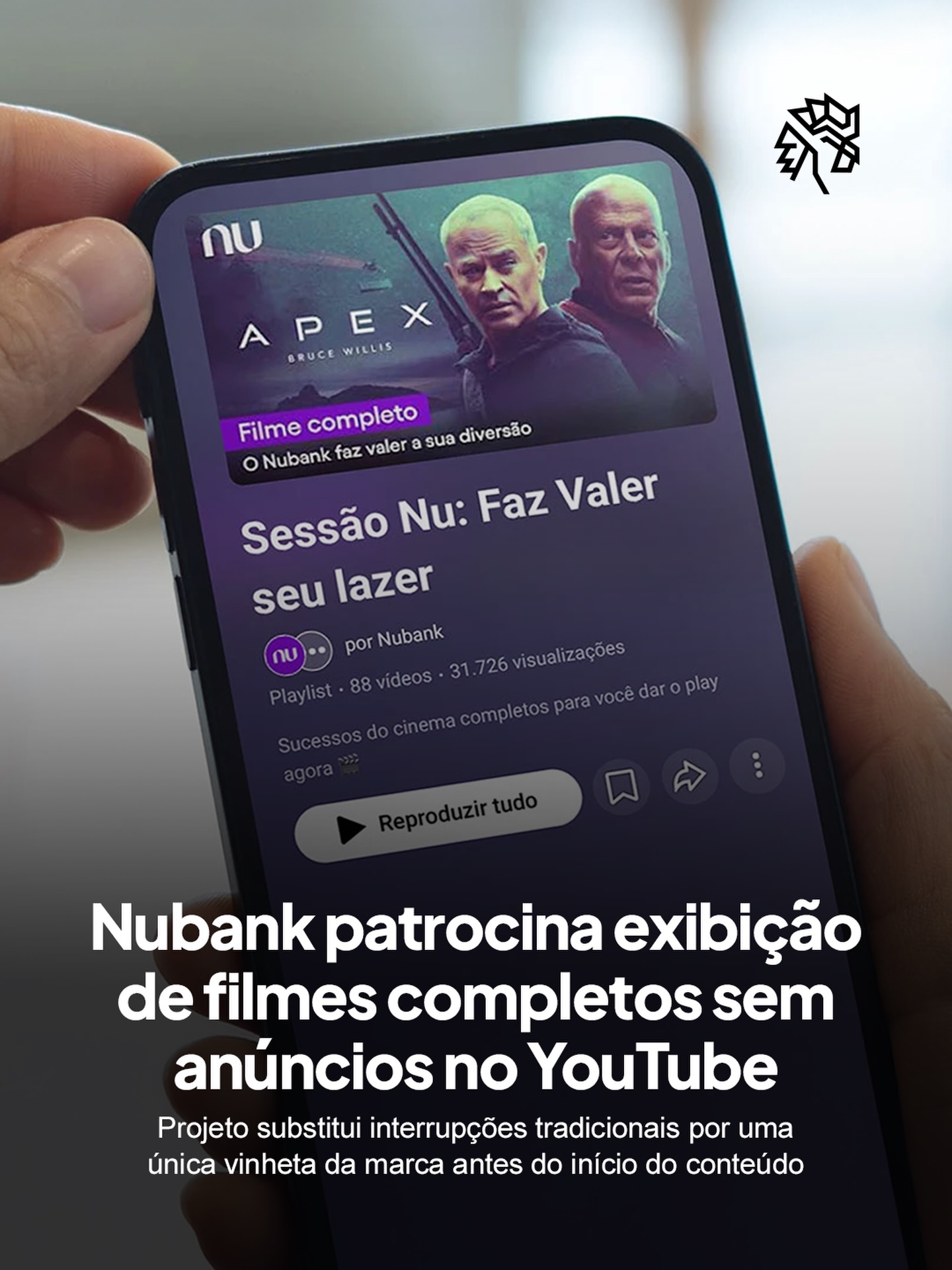 Nubank anuncia a segunda fase do projeto “Sessão Nu: Faz valer seu lazer”, iniciativa criada em parceria com a Google para disponibilizar filmes completos no YouTube sem interrupções comerciais durante a exibição.

Na prática, o público assiste apenas a uma breve vinheta da marca antes do início do conteúdo e, em seguida, acompanha o filme inteiro sem cortes ou anúncios, invertendo a lógica tradicional de publicidade dentro da plataforma.

Segundo o Google, a primeira fase do projeto ajudou a aumentar em 170% a percepção do Nubank como uma marca que democratiza o entretenimento, além de gerar crescimento de 41% no objetivo de marca da companhia.