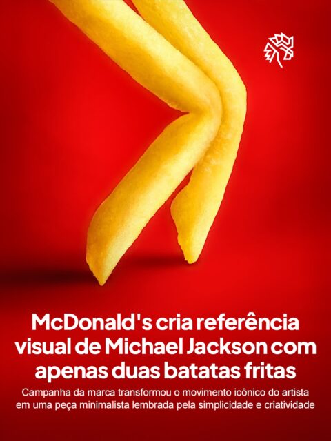 O McDonald’s mostrou como uma ideia extremamente simples pode gerar reconhecimento imediato ao transformar apenas duas batatas fritas em uma referência visual ligada a Michael Jackson. Criada como homenagem ao filme “This Is It”, amo criativo conseguiu fazer o público entender a mensagem em poucos segundos sem precisar usar texto, explicação ou mostrar o cantor.

A peça é um exemplo clássico de como direção de arte, repertório cultural e composição visual conseguem criar campanhas memoráveis sem excesso de elementos.