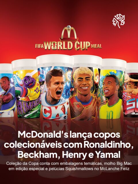 A Copa do Mundo sempre movimenta o varejo de formas criativas, e o McDonald’s usa o torneio para transformar a experiência nos restaurantes em algo além do cardápio. A aposta no colecionismo conecta futebol e consumo em uma mesma ação.

Os copos também trazem Son Heung-min e o Grimace, enquanto o McLanche Feliz ganha 15 pelúcias Squishmallows com uniformes inspirados na competição e os restaurantes recebem intervenções visuais nos Arcos Dourados.

A mecânica une nostalgia, colecionismo e sazonalidade em uma jogada que a rede já sabe executar bem. A promoção vai até o fim do estoque, a partir de 9 de junho.