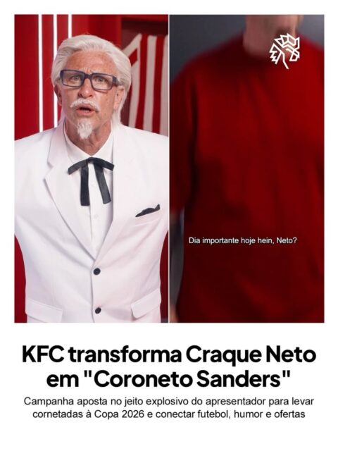 Reclamar de futebol talvez seja um dos hábitos mais tradicionais entre os torcedores brasileiros, e foi justamente essa paixão pelas críticas que inspirou a nova campanha do KFC. A marca escalou Craque Neto para protagonizar uma versão irreverente do seu fundador.
Caracterizado como “Coroneto Sanders”, o apresentador aparece comentando escalações, criticando desempenhos e distribuindo opiniões no melhor estilo sem filtro que já virou sua marca registrada. Tudo isso interrompido por ofertas promocionais da rede.
A campanha usa a ideia de que reclamar de barriga cheia é sempre melhor, conectando futebol, humor e comportamento em uma narrativa inspirada nas famosas cornetadas que movimentam as redes sociais.