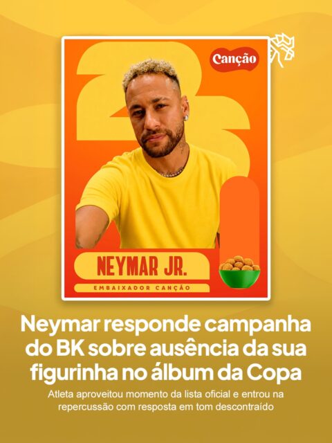 Depois de virar assunto nas redes por conta de uma campanha que especulava sua ausência na Copa, Neymar aproveitou a confirmação da convocação para responder à provocação em clima descontraído. Em um vídeo publicado nas redes, o jogador aparece dizendo: “É… parece que eu virei figurinha de novo.”
A resposta faz parte de uma ação da Canção, marca de alimentos da qual Neymar é embaixador desde o início de 2025, que aproveitou o momento para reagir ao debate iniciado semanas antes pelo Burger King.
