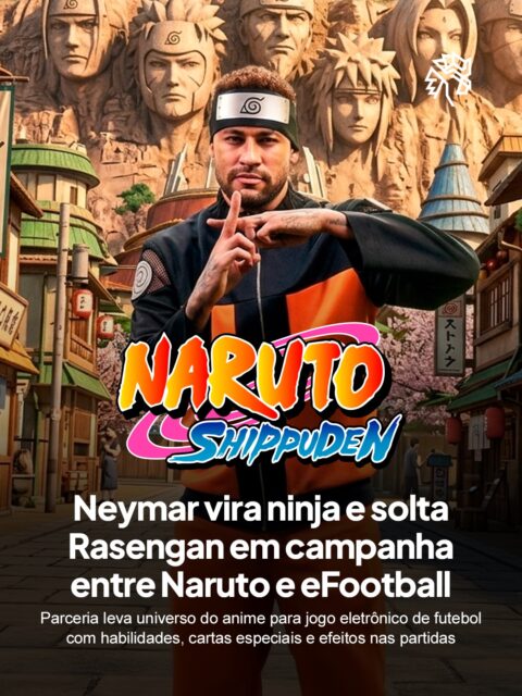 Pode até parecer coisa de IA feita por algum hater, mas não, o eFootball realmente anunciou uma colaboração com o anime ao criar combinações entre jogadores, como a interação entre Naruto e Neymar dentro do jogo.

Durante a campanha, jogadores podem desbloquear conteúdos especiais, como atletas temáticos, itens exclusivos e ambientações inspiradas no universo ninja, ampliando o engajamento com recompensas gratuitas e eventos internos inspirados em Naruto.

A atualização também reforça retenção ao transformar o conteúdo em um momento ativo dentro da plataforma, enquanto a execução leva habilidades como Rasenshuriken e Chidori para dentro das partidas, além de incluir comemorações personalizadas após os gols.