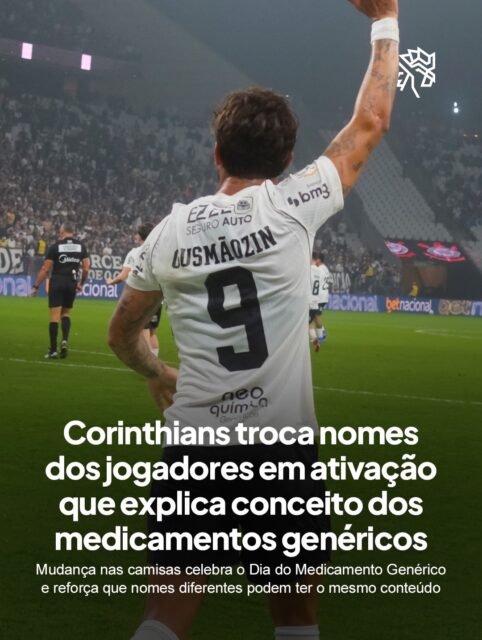No jogo da noite (14/5) entre Corinthians e Barra pela Copa do Brasil, quem olhou para as costas das camisas pode ter estranhado um pouco a escalação. Os jogadores entraram em campo com nomes diferentes estampados nos uniformes em uma ativação criada especialmente para a partida.

A ação da Hypera Pharma antecipou as celebrações do Dia do Medicamento Genérico, lembrado mundialmente em 20 de maio, e transformou um conceito técnico em algo simples de entender. A proposta faz um paralelo com os medicamentos genéricos, mostrando que a mudança no nome não altera qualidade, segurança e eficácia.

Assim como acontece nas farmácias, a ideia reforça que a essência continua a mesma. Por isso, os atletas apareceram com novos nomes nas camisas para representar visualmente a mensagem de que confiança vai muito além do que está escrito no rótulo.