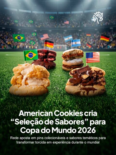 A American Cookies decidiu transformar a Copa do Mundo de 2026 em uma experiência completa para os fãs de futebol, unindo sabor, coleção e clima de torcida em uma campanha criada especialmente para o mundial. A marca lançou a “Seleção de Sabores”, trazendo cookies inspirados em países que marcaram a história da competição.

A linha apresenta o sabor Brasil, com coco e maracujá, Alemanha inspirado na clássica Floresta Negra com cacau e cereja, EUA com a tradicional combinação S’mores de marshmallow e chocolate, além da versão Argentina feita com Dulce de Leche legítimo. Cada receita foi criada para representar diferentes culturas através da gastronomia e da experiência de consumo.

Além dos lançamentos, a American Cookies também apresentou uma coleção exclusiva com 5 pins oficiais colecionáveis, disponíveis de forma avulsa ou vinculados à compra dos produtos da linha.