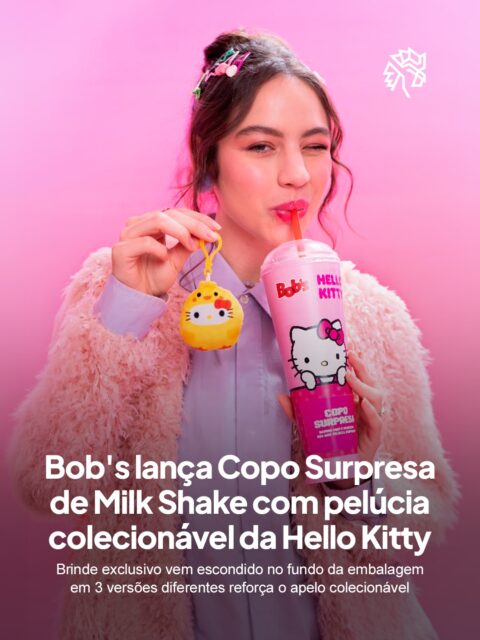 Mais de cinco décadas após seu surgimento no Japão, a Hello Kitty segue se reinventando e inspirando novas formas de consumo. O sucesso da campanha anterior, batizada de Bob's Play com Hello Kitty and Friends, motivou a rede a ampliar a parceria com a Sanrio.
O Copo Surpresa acompanha os Milk Shakes clássicos de 500 ml e 700 ml e traz mini pelúcias em três versões, coelhinho, pintinho e panda, escondidas no fundo da embalagem e reveladas apenas na abertura.
A novidade reforça a estratégia do Bob's de criar momentos de diversão além da refeição e fica disponível até 30 de setembro ou enquanto durarem os estoques.