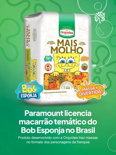 Licenciamentos com personagens animados têm ganhado cada vez mais espaço nas gôndolas brasileiras, e a Orquídea Alimentos firmou uma nova parceria para o território das massas no país. A indústria, conhecida por sua linha de produtos à base de trigo, anuncia um macarrão temático desenvolvido em colaboração com a Paramount Global de Bob Esponja.
O produto integra a linha Mais Molho e traz massas em formatos inspirados nos personagens do desenho, entre eles Patrick Estrela, Garry, Lula Molusco e Sr. Sirigueijo. A embalagem também adota a estética da franquia, reforçando o apelo visual para o público infantil nas prateleiras.
A iniciativa amplia o portfólio temático da Orquídea e consolida o licenciamento como estratégia para conectar produtos do dia a dia a propriedades culturais com forte reconhecimento entre crianças.