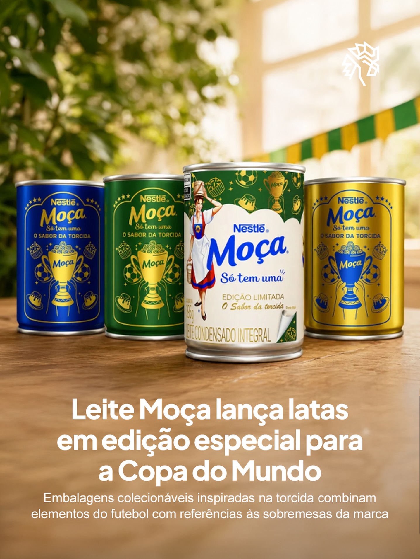 Leite Moça anuncia edição especial de embalagens colecionáveis inspirada nos rituais da torcida. A iniciativa une o clima de celebração da Copa às sobremesas que a marca ajudou a consolidar na cultura ao longo dos seus 100 anos.
As latas trazem elementos gráficos do esporte, combinados com referências a receitas clássicas como brigadeiro e pudim, criando um produto que funciona tanto como item de coleção quanto como ingrediente das comemorações. Chegam aos principais varejistas do país a partir de junho.
A ação reforça o posicionamento da Nestlé como parte dos momentos coletivos brasileiros, usando o jogo como ponte entre a nostalgia das sobremesas de família e o clima de união que as partidas provocam.