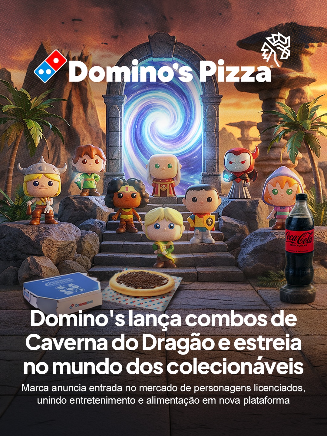 Séries que atravessam gerações continuam sendo terreno fértil para marcas que buscam conversar ao mesmo tempo com a nostalgia adulta e com o público geek mais jovem. Caverna do Dragão carrega esse duplo apelo e vira o ponto de partida da nova iniciativa da Domino's.

A rede reúne oito personagens da animação, incluindo duas versões raras do Mestre dos Magos, em embalagens-surpresa. Os itens chegam junto aos pedidos no site, aplicativo, agregadores e lojas físicas, disponíveis tanto na compra avulsa quanto em combos temáticos e tradicionais.

A iniciativa transforma a compra de pizza em experiência colecionável e inaugura um formato que a marca já sinaliza repetir com outras franquias.