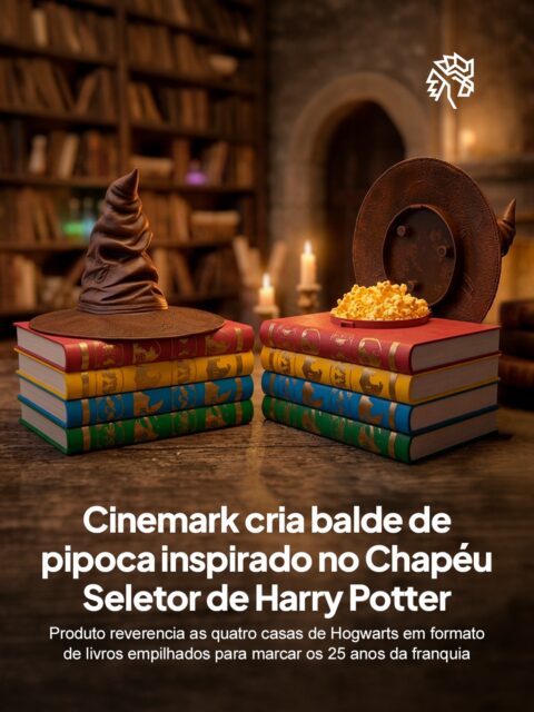 Harry Potter completa 25 anos em agosto, e diversas redes de cinema no Brasil preparam reexibições para celebrar a data. O retorno de "Pedra Filosofal", primeiro filme da saga, às telonas reacende o hábito colecionador que sempre acompanhou a franquia.
A Cinemark Brasil anuncia o item exclusivo em seu perfil oficial: uma pilha de livros coloridos representando as quatro casas de Hogwarts serve de base para o Chapéu Seletor, que vira o recipiente da pipoca.
O item confirma como a nostalgia funciona como motor de consumo, transformando um clássico do cinema em oportunidade de venda física e afetiva ao mesmo tempo.