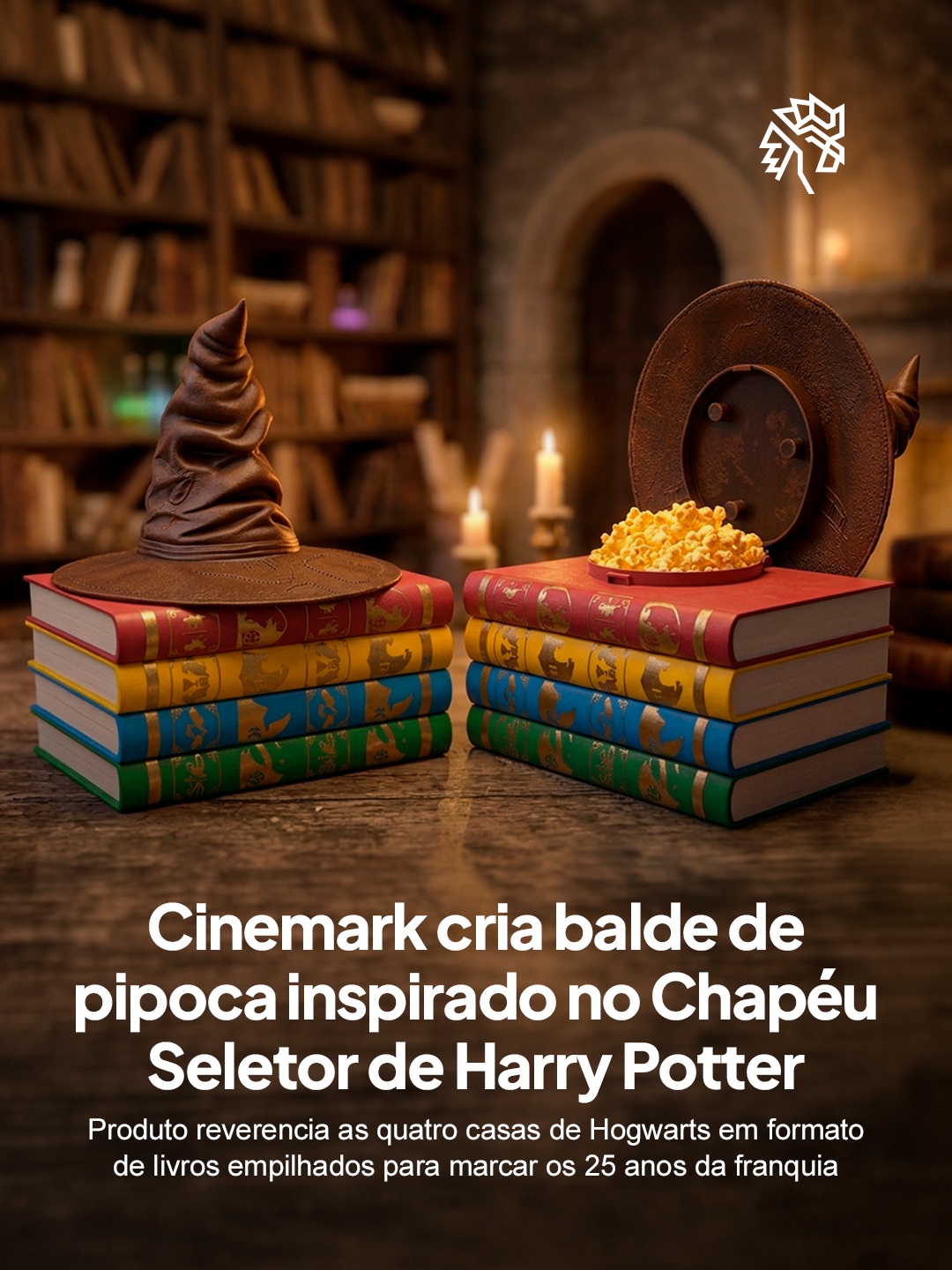 Harry Potter completa 25 anos em agosto, e diversas redes de cinema no Brasil preparam reexibições para celebrar a data. O retorno de "Pedra Filosofal", primeiro filme da saga, às telonas reacende o hábito colecionador que sempre acompanhou a franquia.
A Cinemark Brasil anuncia o item exclusivo em seu perfil oficial: uma pilha de livros coloridos representando as quatro casas de Hogwarts serve de base para o Chapéu Seletor, que vira o recipiente da pipoca.
O item confirma como a nostalgia funciona como motor de consumo, transformando um clássico do cinema em oportunidade de venda física e afetiva ao mesmo tempo.