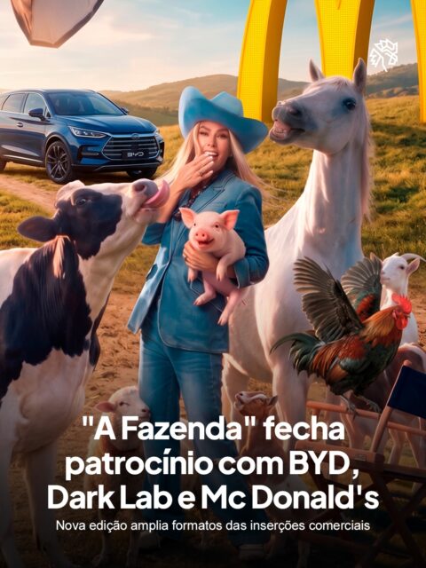 A Fazenda aposta em maneiras criativas de expor marcas dentro do confinamento, o que contribui para a procura de anunciantes pelo formato. Diferente de outros gêneros, o reality permite que participantes citem produtos abertamente.
O programa vai ao ar dia 14 de setembro na Record, com Adriane Galisteu, e confirma nessa edição seus patrocinadores: BYD, Mc Donald's e Dark Lab, com a marca de suplementos assumindo o espaço da academia dentro do confinamento.
Com premiação recorde de R$ 2,5 milhões, a nova temporada amplia provas, festas e ativações como pontos de contato para as marcas.