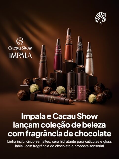 A beleza gourmet ganha força como tendência de consumo, unindo cuidados pessoais a referências afetivas da gastronomia, e é nesse cenário que Impala e Cacau Show apresentam sua nova coleção conjunta.

Assinada pelas duas marcas, a linha traz cinco esmaltes com tons que vão do marrom profundo ao coral vibrante e ao nude perolado, todos com fragrância de cacau liberada após a secagem. A coleção soma ainda uma cera hidratante em stick para cutículas e um gloss labial com vitamina E, que conta com encaixe para charms.

Ao unir a expertise da Cacau Show com o cacau à performance cosmética da Impala, a parceria amplia o território de ambas no dia a dia do consumidor.
