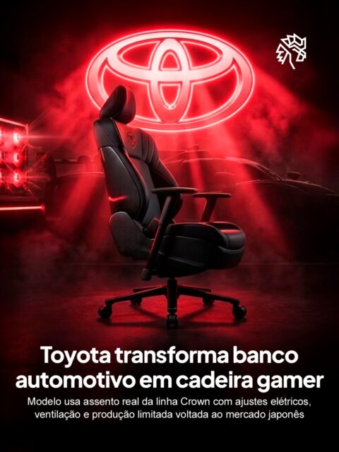 A Toyota Boshoku desenvolveu uma cadeira gamer usando um banco dianteiro real de um de seus carros, levando para o escritório recursos como ajuste elétrico, suporte lombar, aquecimento e ventilação.

O modelo ainda conta com bateria integrada para uso sem fio e entrada USB-C adaptada a partir do cinto de segurança, reforçando a proposta de transformar um item automotivo em uma experiência de conforto no ambiente de trabalho.

Com produção limitada e vendas restritas ao Japão, o produto surge como um item de luxo voltado a colecionadores, distante de uma proposta de mercado de massa.