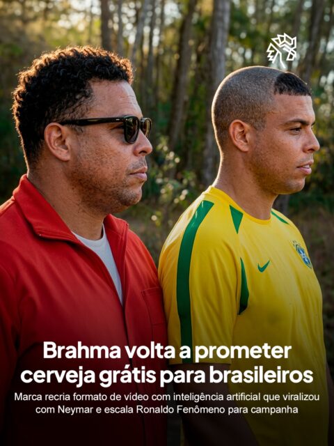Depois da eliminação do Brasil na Copa, viralizou um vídeo feito com inteligência artificial em que Neymar encontrava versões de si mesmo para falar sobre seu futuro na seleção. A repercussão coincidiu com outro desfecho frustrado da marca, que havia prometido rodada gratuita caso o time fosse campeão.
A cervejaria recriou o formato com Ronaldo Fenômeno, que encontra suas versões de outras épocas em um vídeo para anunciar a retomada da promoção, agora voltada ao primeiro clube da Sociedade Anônima de Brahma a somar cinco vitórias seguidas, com torcedores cadastrados no Zé Delivery garantindo um pack de 12 latas.
O gancho já validado pelo público dá mais alcance à nova tentativa da marca, que aposta na repetição do formato para reconquistar a atenção do torcedor.