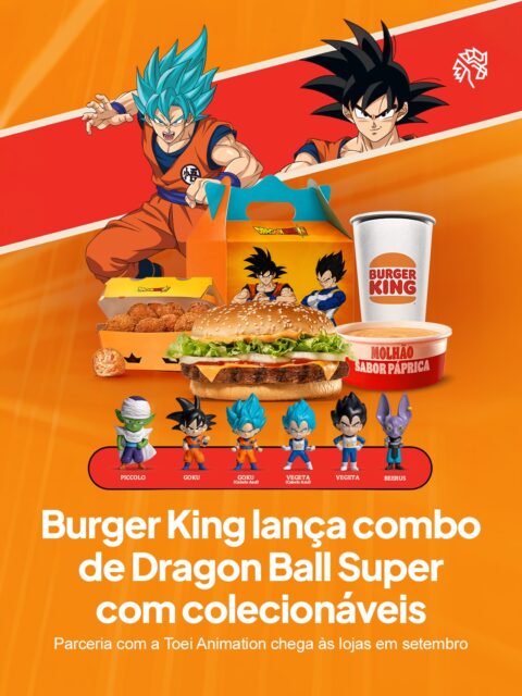 O Burger King aposta no combo temático para reforçar a conexão com o público fã de animes. A novidade é o Super Saiyan Whopper, com duas fatias de cheddar, molho sabor páprica e o clássico pão do Whopper, disponível a partir de 09 de setembro.
A Toei Animation assina a colaboração, que também leva às lojas as Esferas do Dragão de Pepperoni e o Combo King Jr., com coroa temática para o público infantil.
Seis miniaturas colecionáveis de personagens como Goku, Vegeta e Beerus completam a experiência. O detalhe reforça o apelo do combo como item de desejo entre os fãs.