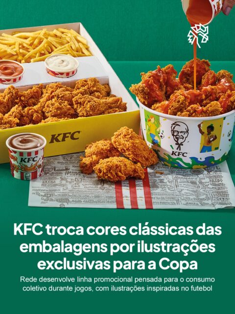 Refeições durante jogos são momentos coletivos de diversão e compartilhamento, e o KFC decidiu transformar esse comportamento em experiência de marca. A rede desenvolveu uma linha de embalagens promocionais criada para fazer parte do ritual de assistir futebol em grupo.

O projeto central é o “Box da Torcida”, embalagem voltada ao consumo em grupo que acomoda tiras de frango, coxinhas da asa, batata frita e molhos, com versão combo incluindo bebidas. As ilustrações foram inspiradas na energia das arquibancadas e nas celebrações coletivas, transformando a embalagem em ponto de conexão emocional com o público.

A iniciativa reforça um movimento crescente no setor: embalagens deixam de cumprir apenas função operacional e passam a atuar como ferramenta de branding e engajamento cultural.
