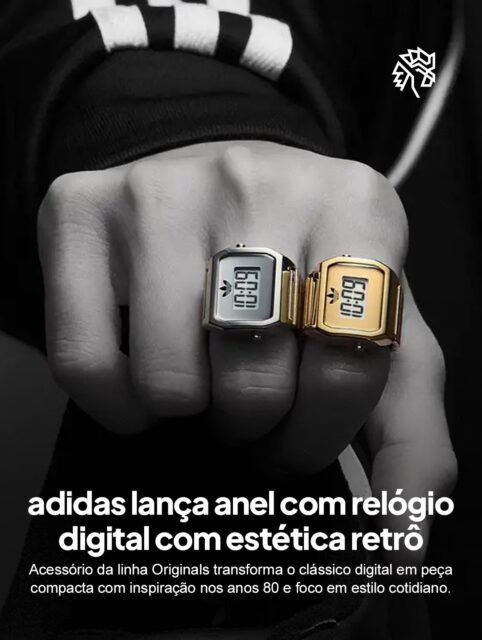 A adidas apresenta um acessório que mistura moda e funcionalidade ao transformar o relógio digital em um anel com estética inspirada nos anos 80, trazendo um olhar atual para um formato pouco explorado e conectando nostalgia com design contemporâneo.

O modelo aposta em construção em aço inoxidável, resistência à água e duas opções de acabamento, criando uma peça compacta que vai além do visual e acompanha o movimento de acessórios híbridos dentro do streetwear.

Já disponível em lojas oficiais, o drop reforça a estratégia de explorar novos formatos dentro da linha Originals e acompanha um cenário onde moda, tecnologia e comportamento se encontram em produtos cada vez mais experimentais.