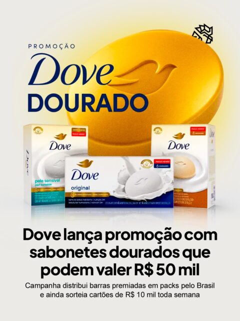 Dove transforma a rotina de cuidado em uma experiência com potencial de recompensa ao lançar a promoção Dove Dourado, distribuindo barras especiais dentro de embalagens selecionadas em todo o Brasil, conectando o momento de uso com surpresa e expectativa.

A mecânica acontece direto na compra, com packs promocionais que podem conter uma barra premiada garantindo R$ 50 mil na hora, enquanto o cadastro da nota fiscal no site libera participação em sorteios semanais de R$ 10 mil ao longo da campanha.

A iniciativa reforça o protagonismo da Barra de Beleza no portfólio e amplia o engajamento ao unir produto e experiência em uma dinâmica simples, transformando um hábito cotidiano em um ponto de contato mais relevante com a marca.