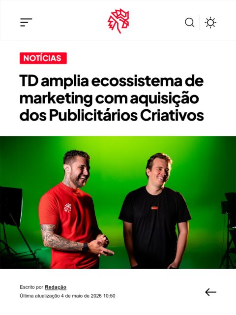 Ao longo de mais de uma década, construímos de forma independente um dos principais veículos do país voltados a marketing, criatividade e comunicação, formando uma audiência relevante, participativa e em constante crescimento dentro do mercado.

Nesse percurso, acompanhamos de perto as mudanças da indústria, trazendo análises e leituras que ajudam a interpretar para onde o setor evolui, sempre com consistência editorial e proximidade com quem vive esse dia a dia.

Agora, em uma nova fase, anunciamos oficialmente que passamos a fazer parte do ecossistema da Transformação Digital, ampliando nossa atuação e nos conectando a um ambiente que integra conteúdo, tecnologia e experiências.

Esse movimento abre novas frentes de atuação, potencializa o que já construímos e cria caminhos mais amplos de desenvolvimento junto a marcas, parceiros e projetos.

À frente do projeto, agora como sócio fundador, @fillipeluis, com a liderança de @tiagomagnus e toda a estrutura da @transformacao_digital, esse momento ganha ainda mais relevância ao conectar visão estratégica, alcance e conteúdo em uma mesma frente, impulsionando o que já vínhamos construindo ao longo dos anos.

Seguimos com a essência que nos trouxe até aqui e com o compromisso diário de informar profissionais de marketing com qualidade, consistência e relevância. Nosso muito obrigado a todos que fazem parte dessa trajetória e seguem construindo isso com a gente todos os dias.