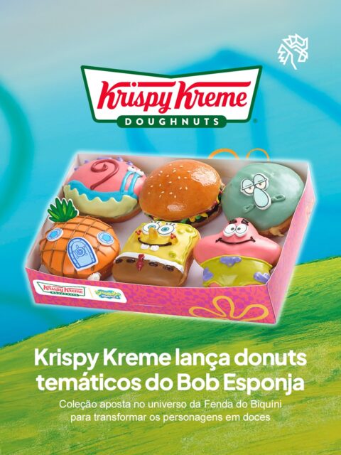 Krispy Kreme transforma o universo da Fenda do Biquíni em uma coleção especial de donuts, traduzindo elementos marcantes da animação em produtos com forte apelo visual e pensados para chamar atenção nas lojas.

A linha traz versões inspiradas em Bob Esponja, Patrick, Lula Molusco e Gary, além de releituras do Siri Cascudo e da casa abacaxi, ampliando o repertório visual e criando um mix que combina nostalgia com design de produto.

A coleção já foi anunciada oficialmente, mas ainda não teve detalhes divulgados sobre datas de disponibilidade nem previsão de em quais pontos de venda estará disponível.