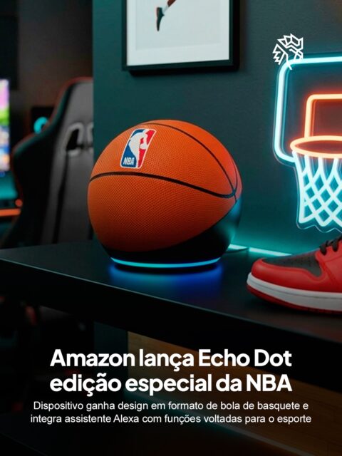 A Amazon apresentou uma edição especial do Echo Dot inspirada na NBA, trazendo um design que replica uma bola de basquete e conecta o produto diretamente ao universo esportivo. A proposta transforma o dispositivo em um item que vai além da tecnologia, aproximando funcionalidade e cultura de fãs em um mesmo objeto.

Além do visual, o modelo mantém integração com a Alexa e passa a oferecer recursos voltados para quem acompanha a liga, como atualizações em tempo real, lembretes de partidas e conteúdos relacionados aos jogos. A experiência se amplia ao incorporar o hábito do fã dentro do uso cotidiano do dispositivo.