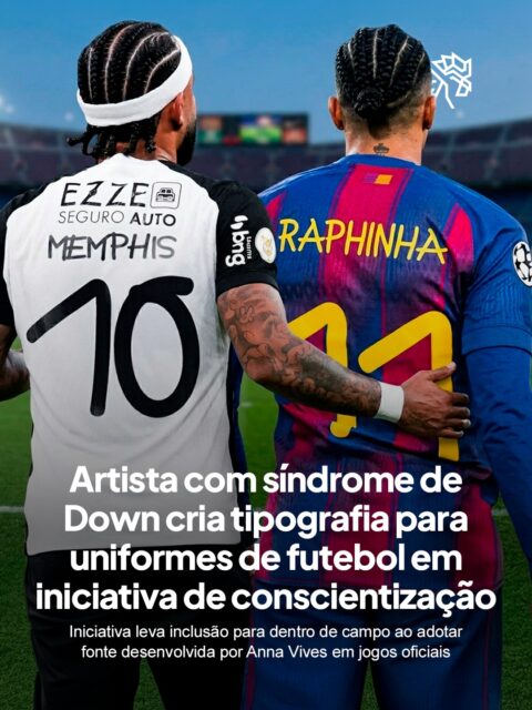 No Dia Internacional da Síndrome de Down, o futebol ganhou um novo significado dentro de campo, com números e nomes aparecendo com traços de aparência manual, fugindo do padrão tradicional dos uniformes e chamando atenção, transformando o jogo em uma mensagem visível dentro e fora das quatro linhas.

A tipografia utilizada foi criada por Anna Vives, artista espanhola com síndrome de Down, responsável pela primeira fonte social do mundo, um projeto que nasceu com o objetivo de promover inclusão e igualdade por meio do design, levando representatividade para espaços onde ela ainda é pouco vista, e que já foi adotado por clubes como Corinthians, Barcelona e outros times ao redor do mundo.

A ação faz parte da campanha Visible IN e conecta o futebol a um movimento global que usa o esporte como plataforma de impacto, ampliando o alcance da iniciativa ao colocar um símbolo de diversidade em evidência durante a partida oficial.