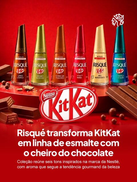 Parcerias entre marcas de segmentos diferentes continuam ganhando força como ferramenta para gerar conversa e ampliar relevância. Desta vez, a Risqué encontrou na Nestlé uma forma de transformar um ícone do consumo brasileiro em coleção de esmaltes.

Seis tonalidades formam a coleção da KitKat, com acabamentos cremosos, metálicos e efeitos especiais em cores inspiradas no universo do chocolate.

Os esmaltes passeiam por tons de marrom, vermelho, dourado e verde, enquanto cada embalagem traz uma fragrância que remete ao aroma do chocolate.