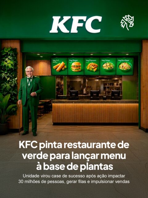 Uma unidade do KFC na Ucrânia transformou um restaurante em Kiev para lançar um menu à base de plantas, trocando todo o cardápio e repintando o ambiente de verde.
A ação foi além das quatro paredes: outras marcas ucranianas retiraram o verde de seus próprios logos por 24 horas em apoio ao lançamento, ampliando o alcance da campanha. O resultado foram filas, anúncios de revenda dos itens e 30 milhões de pessoas impactadas.
A unidade que estava perto de fechar com pouco volume de pedidos tornou-se, após isso, uma das mais rentáveis do país. A campanha virou caso de como uma restrição operacional pode ser transformada em plataforma criativa.