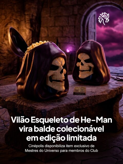 Baldes colecionáveis temáticos viraram um dos maiores fenômenos do consumo dentro dos cinemas nos últimos anos, movimentando filas, revendas e comunidades de colecionadores. A Cinépolis entra nessa onda com um item exclusivo inspirado em Mestres do Universo, franquia que atravessa gerações e segue como referência na cultura geek.
O colecionável reproduz o rosto do Esqueleto em design tridimensional, com o tradicional capuz roxo do personagem, mandíbula articulada e abertura superior que revela o compartimento para pipoca. Membros do Club Cinépolis já podem comprar pelo app ou site da rede, com retirada disponível a partir de 3 de junho.
A iniciativa reforça o movimento da Cinépolis de transformar a ida ao cinema em experiência colecionável, apostando em franquias com apelo nostálgico para engajar fãs e colecionadores.