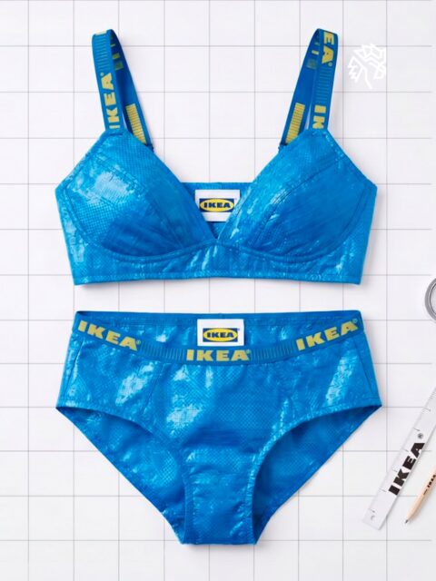 Sacola azul da IKEA virou matéria-prima para uma coleção não oficial de roupas íntimas criada pelo designer @chopstix.design. Cuecas, shorts e lingeries confeccionados a partir do tecido da sacola, com o logo posicionado à altura da cintura como se fosse uma marca de grife.
A provocação funciona porque parte de um objeto popular e acessível que simula a linguagem visual da moda premium. Basta colocar um logo no lugar certo para transformar qualquer peça em produto de luxo, e é exatamente esse pensamento que a ideia provoca.
Ao usar um dos objetos mais reconhecíveis do varejo global para criar peças de moda íntima, o projeto deixa claro que a exclusividade de uma marca está mais no símbolo do que no produto em si.