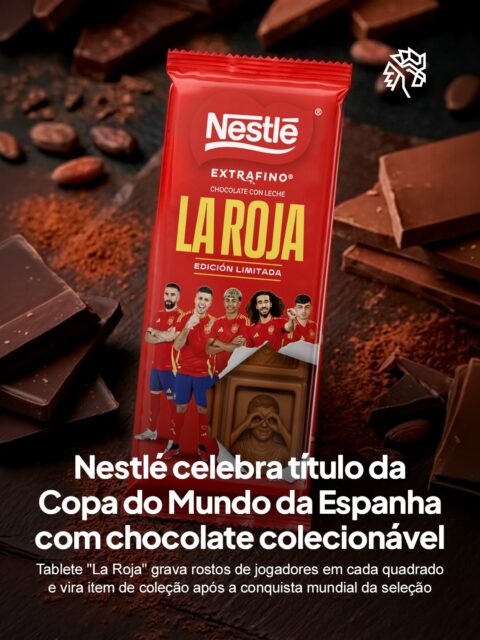 A Espanha venceu a Argentina no último domingo e conquistou seu segundo título de Copa do Mundo, e a comemoração passou longe de ficar restrita aos gramados. A Nestlé aproveitou o momento para reforçar a parceria já firmada com a seleção espanhola.
Após a vitória da seleção, a marca lançou a edição especial do chocolate "La Roja", que traz a identidade visual da seleção na embalagem, enquanto cada quadrado da barra exibe a imagem de um jogador diferente, transformando o produto em item de coleção para torcedores e fãs da marca.
A conquista deu ainda mais visibilidade a um lançamento pensado para celebrar o momento, reforçando a conexão entre o chocolate e os momentos de comemoração em família e com amigos.