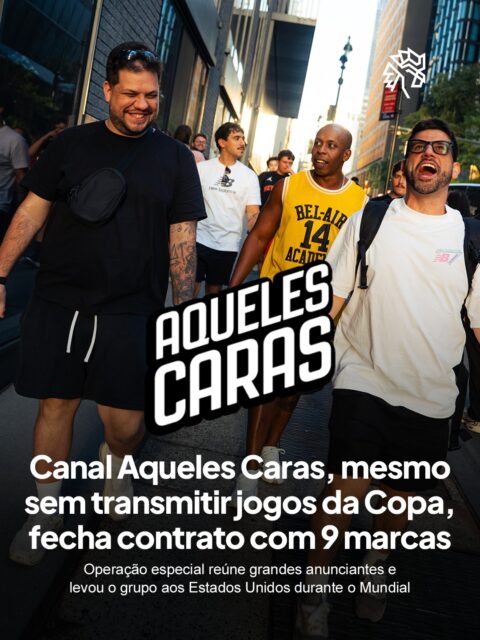 Enquanto boa parte do mercado disputa bilhões pelos direitos de exibição da Copa, o canal do YouTube Aqueles Caras optou por outro formato de conteúdo. Formado por Chico Moedas, Beltrão, Donatello, Maciel, Alvinho e Pig, o grupo transforma a resenha entre os seis amigos cariocas em ativo comercial capaz de atrair grandes anunciantes mesmo longe do campo.

O projeto já garantiu patrocínio de nove marcas globais, entre elas Mercado Livre, Mercado Pago, Gillette, Rexona, O Boticário, Heinz, KFC, Bet365 e Trident, distribuídas em desafios, games gravados em estúdio e conteúdos gravados durante o Mundial. Com média de 4 milhões de visualizações por vídeo e liderança isolada na categoria de entretenimento do YouTube Brasil, o canal usa esse alcance para levar a conversa sobre o torneio para além dos 90 minutos de jogo.

A força comercial do projeto aparece também na renovação: cinco das marcas, Mercado Livre, Gillette, Rexona, O Boticário e Bet365, já estenderam a parceria para novas ativações ao longo de 2026.