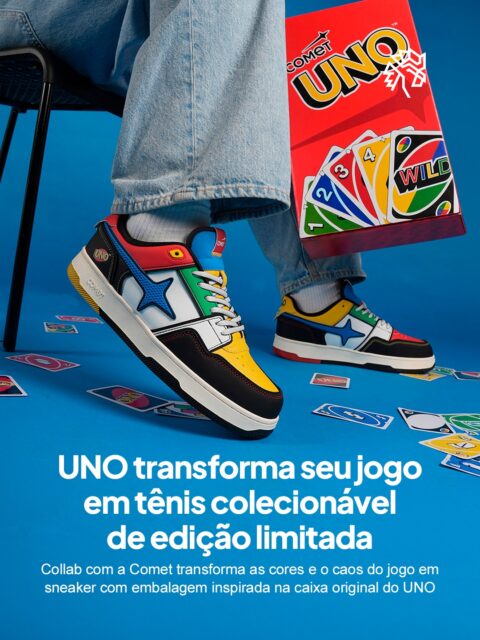 Sneakers de edição limitada com menos de mil pares são o formato preferido do mercado para criar desejo e fila. O UNO entendeu esse código e em parceria com a Comet transformou as cores, a energia e o caos do jogo de cartas repleto de detalhes ocultos, com embalagem que replica a caixa original do baralho.

Serão apenas 800 pares produzidos, o suficiente para garantir exclusividade real e posicionar o produto como objeto de colecionador. A combinação entre cultura pop, design autoral e tiragem mínima converte o tênis em algo que vai muito além do calçado.

A iniciativa reflete o movimento de marcas de jogos que usam a nostalgia como ponte para novos territórios, saindo das prateleiras de brinquedo para as vitrines do mercado de moda.